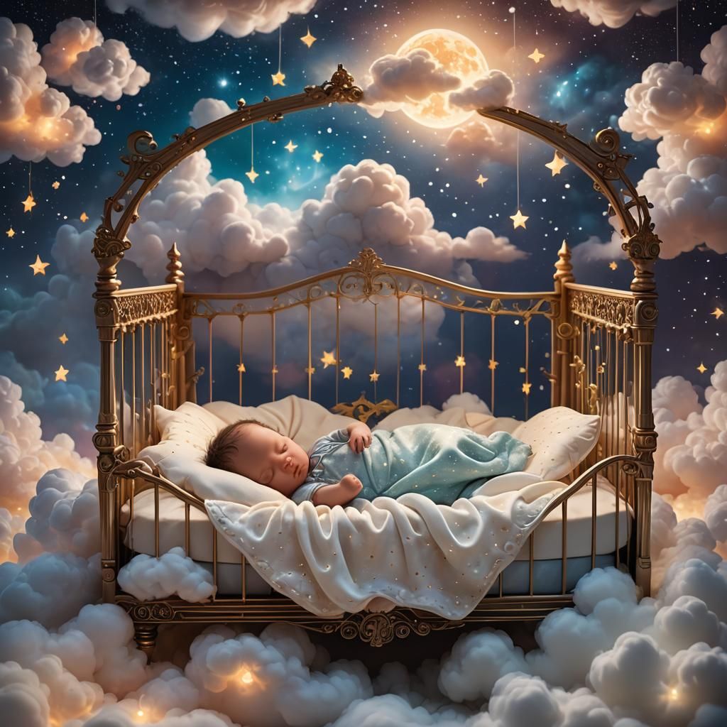 Dreamlike Baby in Glowing Crib, Fantasy Concept Art