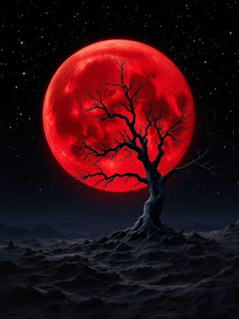 Realistic Red Giant Moonrise Over Barren Landscape