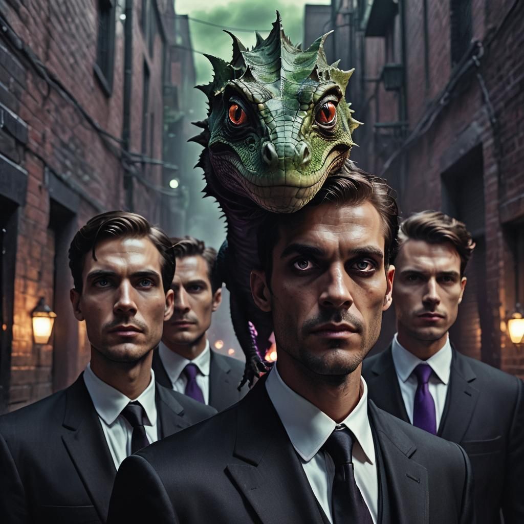 Lizard People in Suits: Surreal Digital Portrait