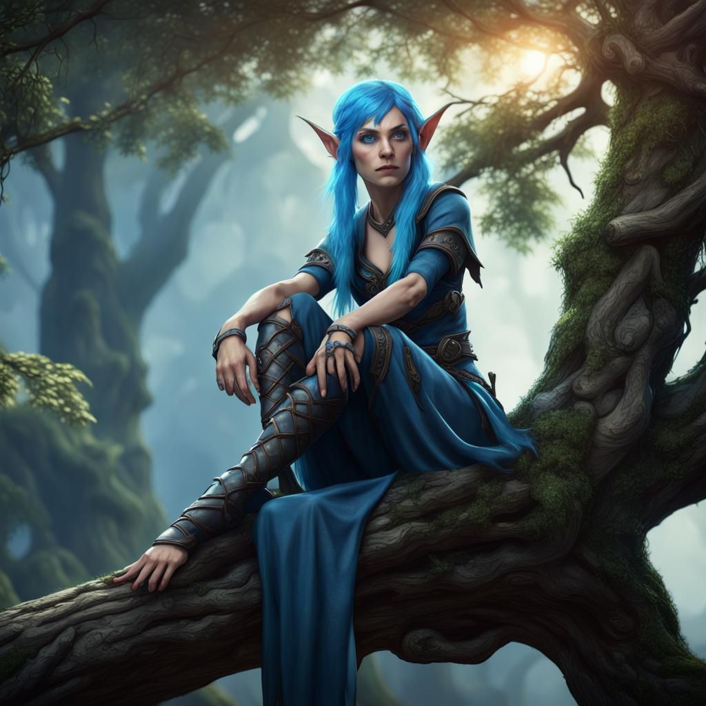 Blue Elf on Branch: Fantasy Concept Art