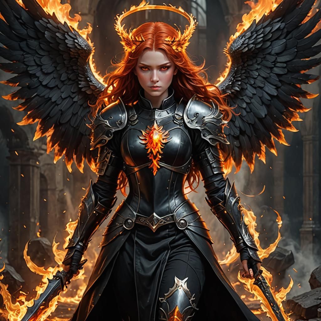 Fallen Angel with Flaming Halo and Blackened Wings