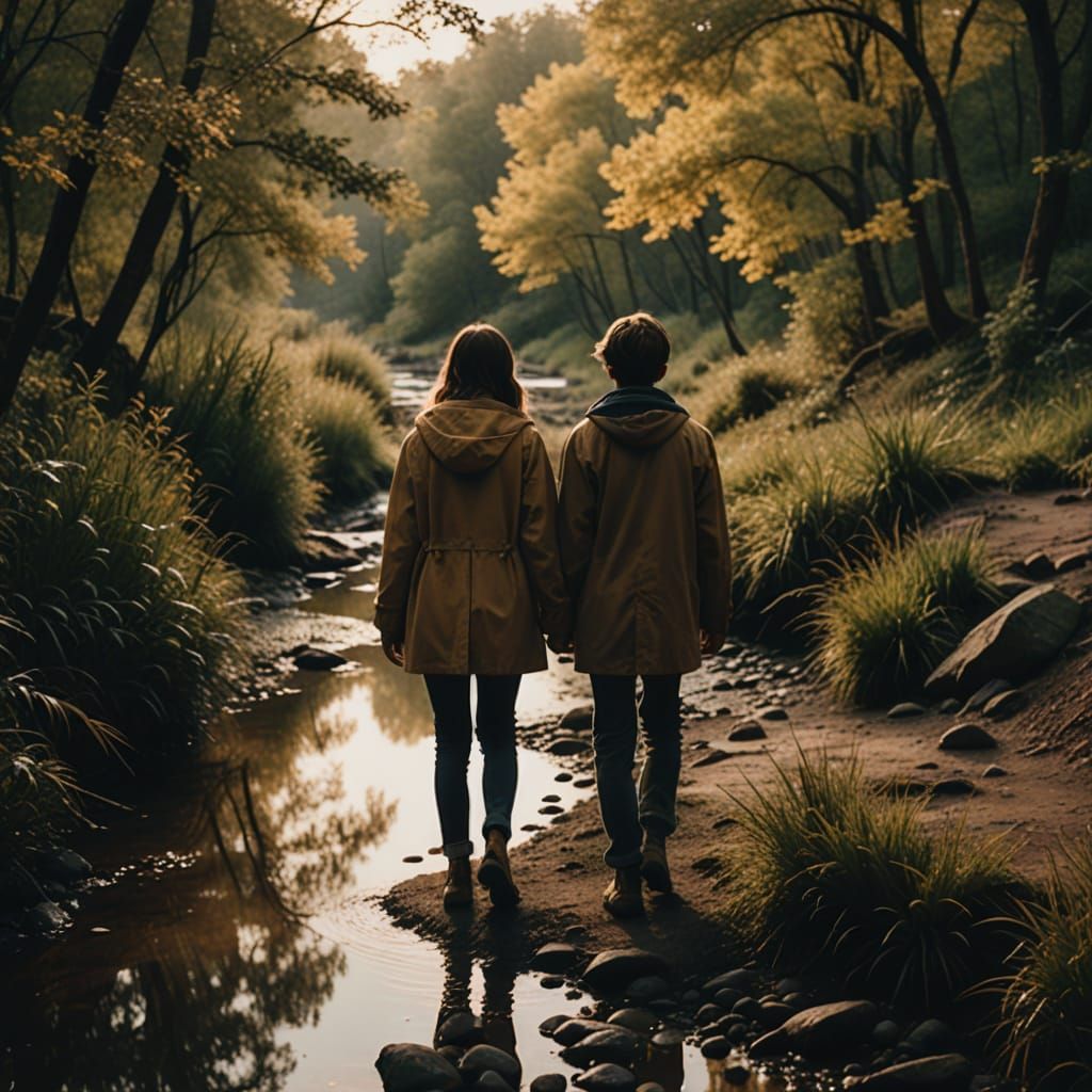 Moody Film Still of Teenagers by a Creek