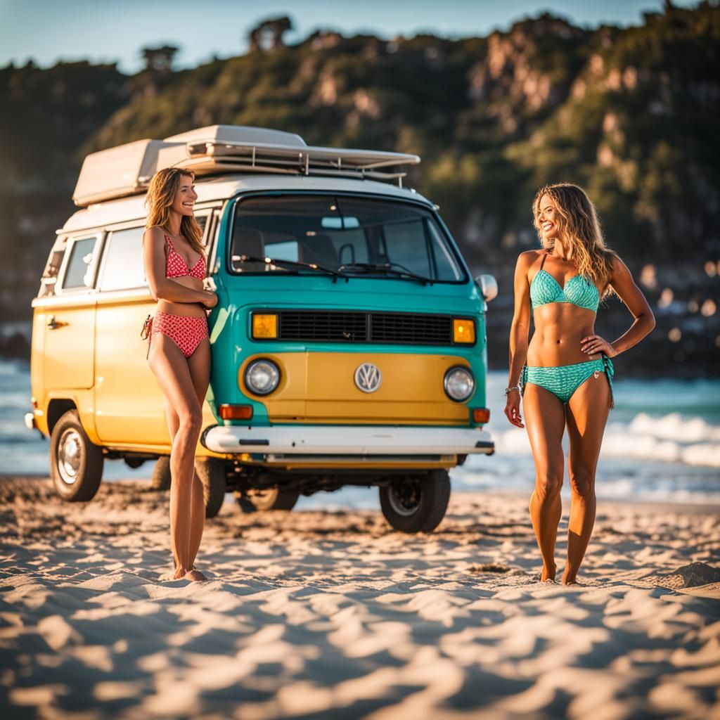 Women in Bikinis by Vanagon on Beach: Professional Photo
