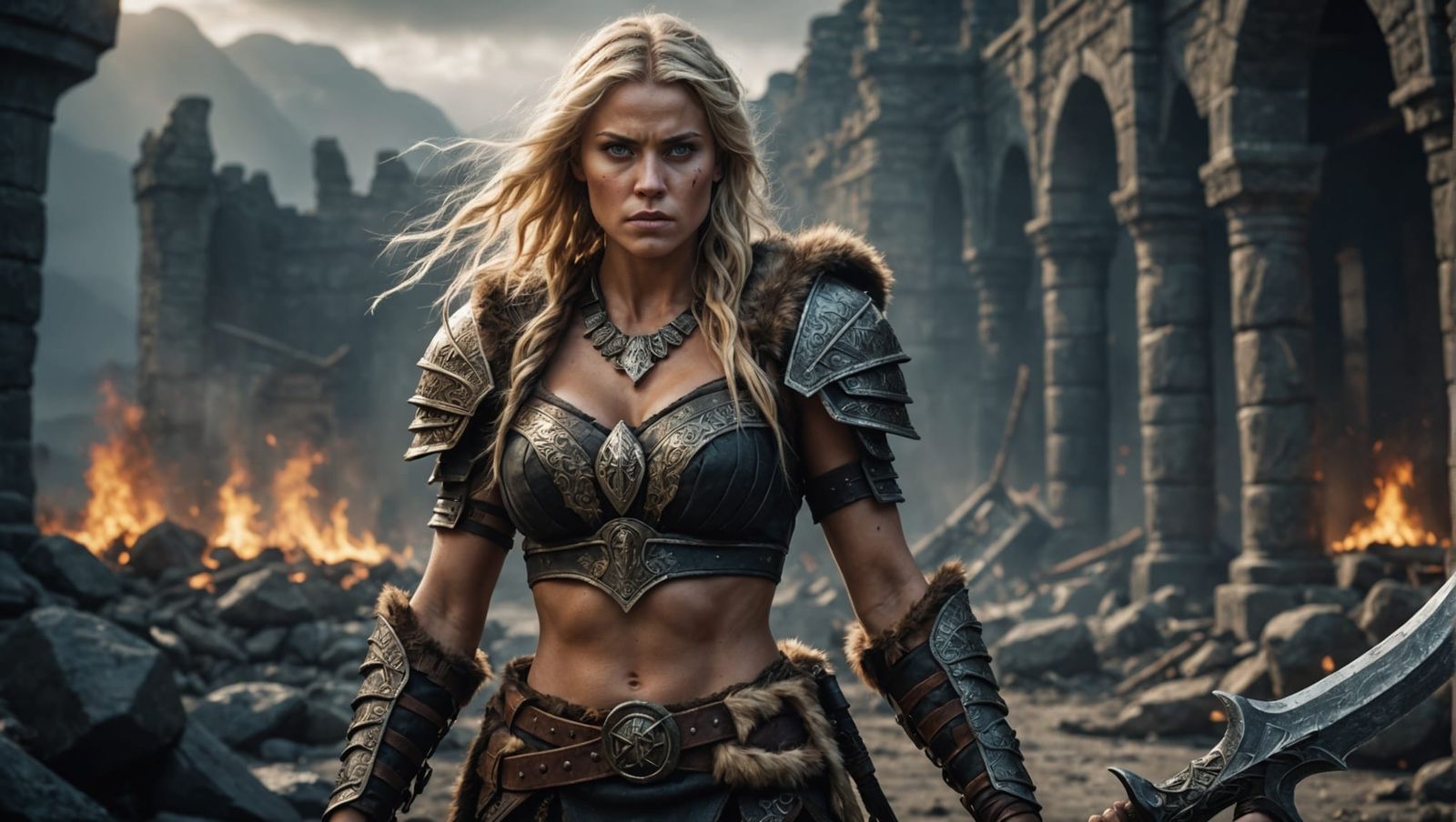 beautiful blonde barbarian woman in barbarian clothing.