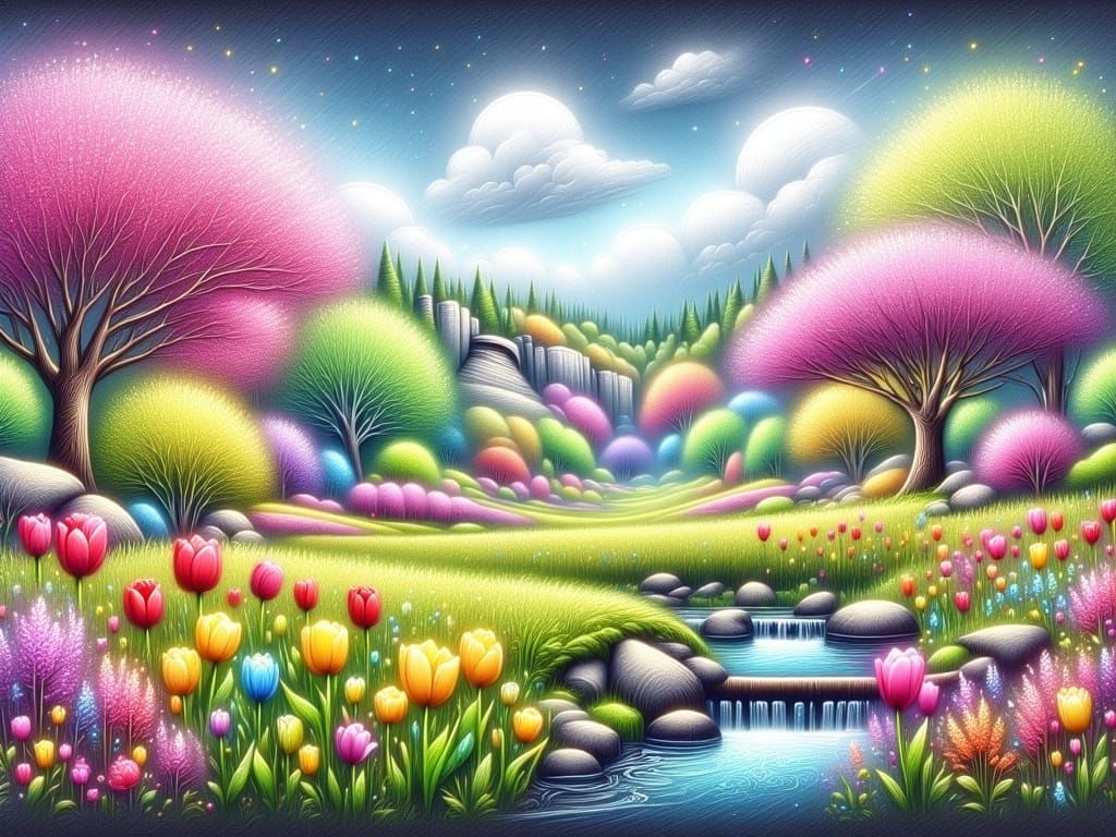 Surreal Chalk Drawing of a Serene Spring Morning with Floral...