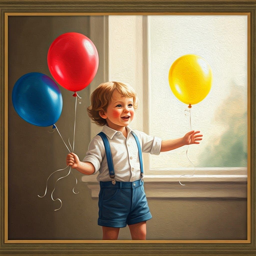Joyful Birthday Boy with Balloons: Oil Painting