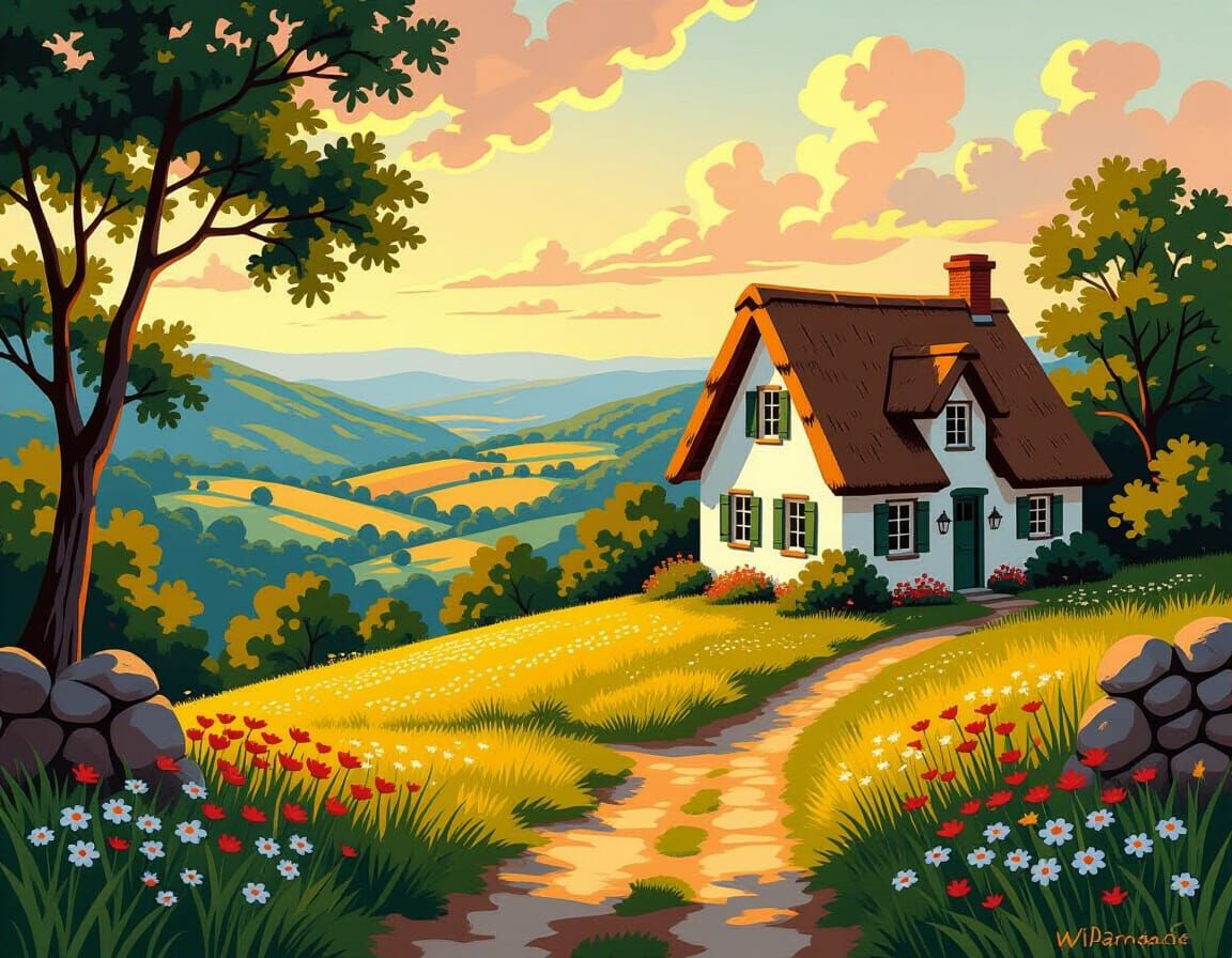 Vintage Cottage in Lush Valley: Watercolor Impasto