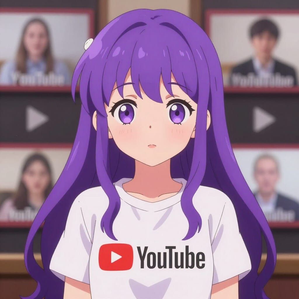 Cute Anime Girl with Purple Hair and YouTube Logo T-Shirt