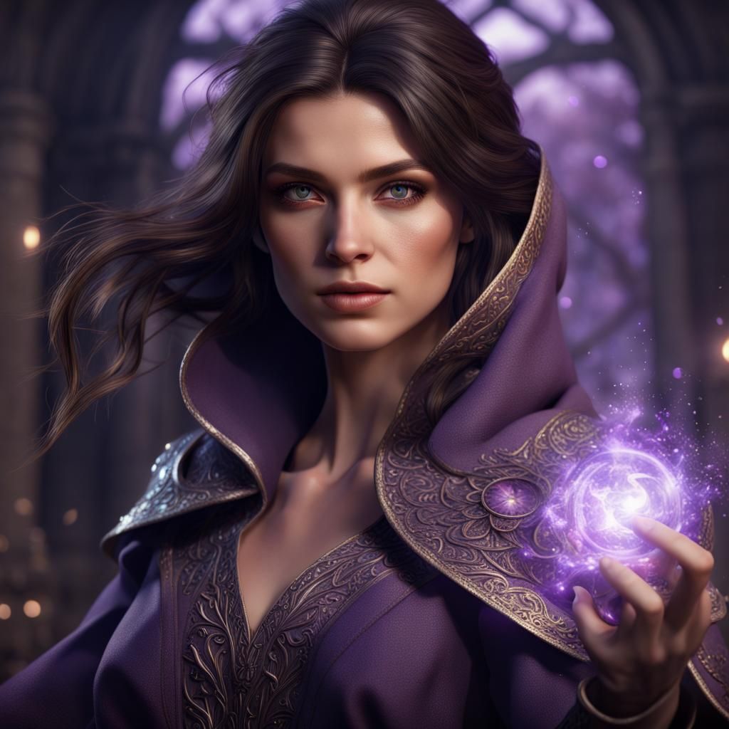 Woman Mage Casting Purple Magic in Fantasy Art