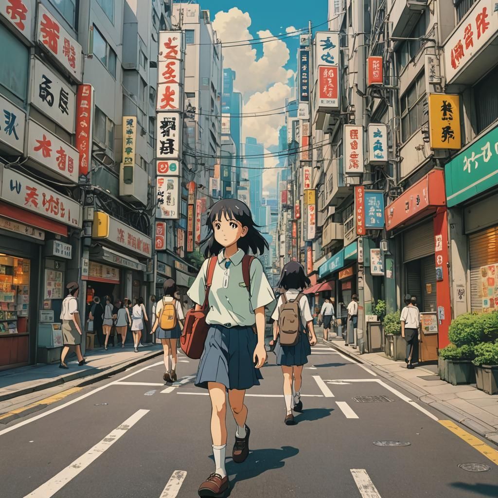 Schoolgirl in Akihabara: Studio Ghibli-Style Anime
