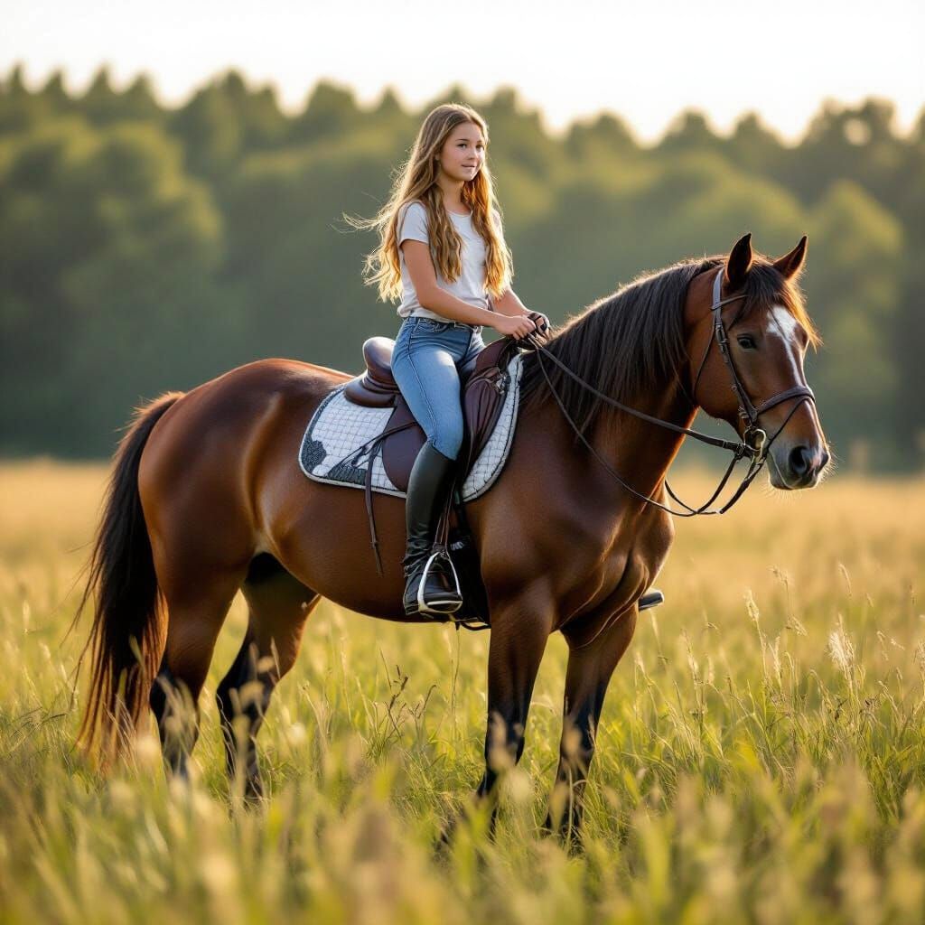 Girl Riding Bay Horse Through Grassy Field