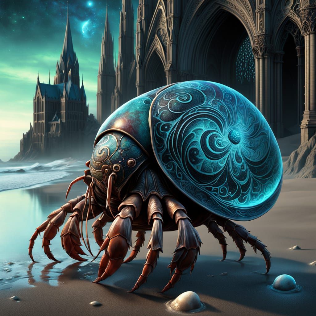 Bioluminescent Crab with Cathedral Shell in Dark Fantasy Art