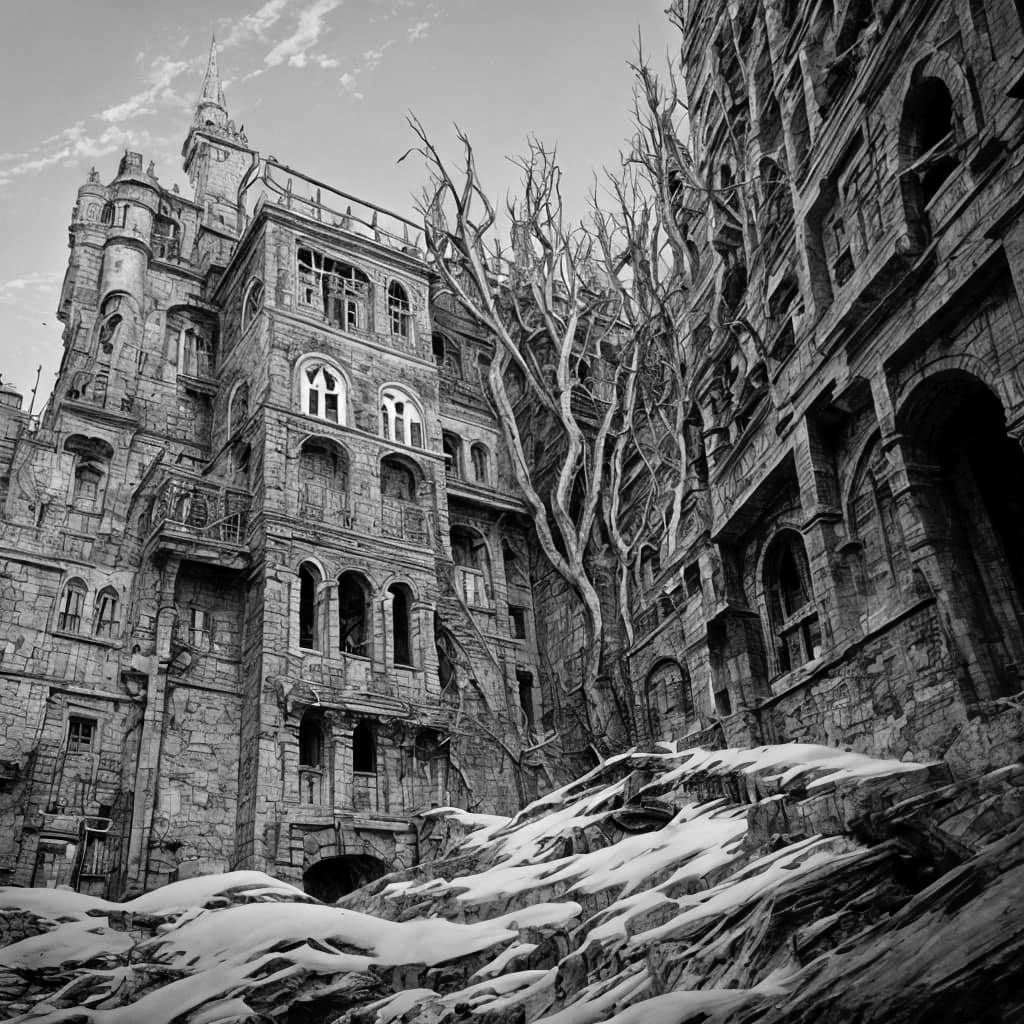 Surreal Castle with Drawbridges: A Dark Fantasy Landscape