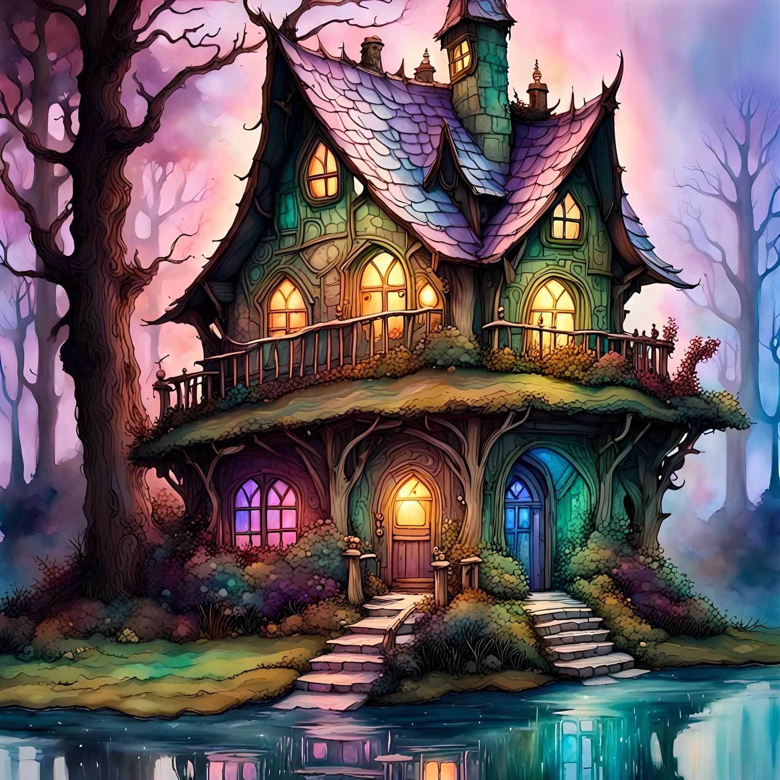 Iridescent, beautiful elf house.Alcohol ink, hyperdetailed, ...