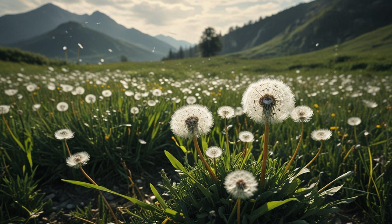 Surreal Summer Dandelion Field with Drifting Seeds