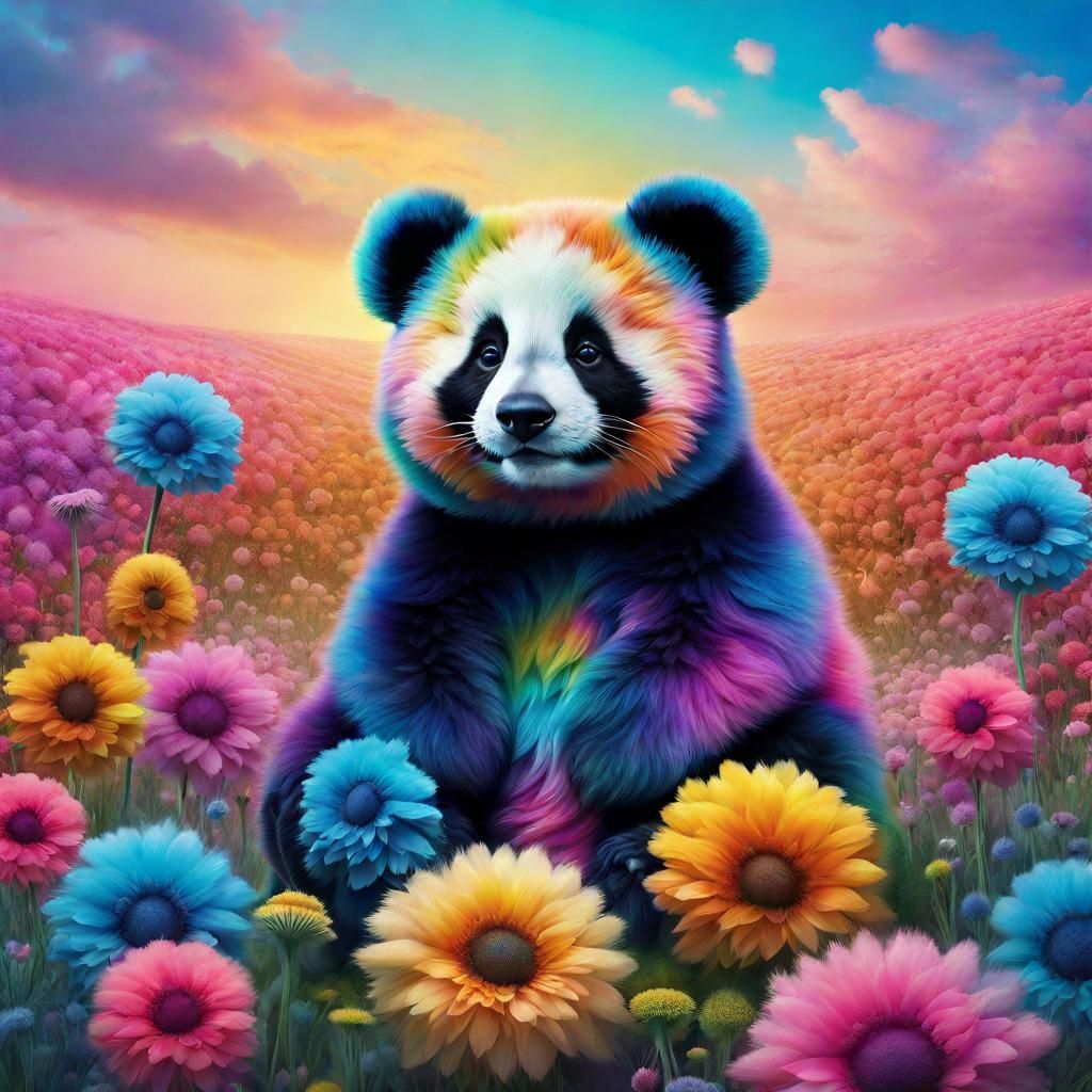 Pastel Panda in Surreal Flower Field