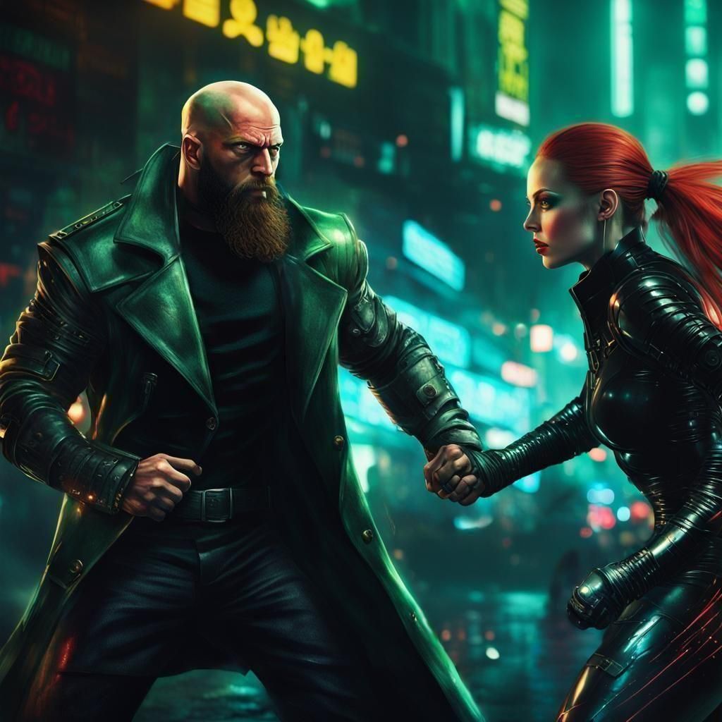 Cyberpunk Street Fight: Bearded Man vs. Redhead