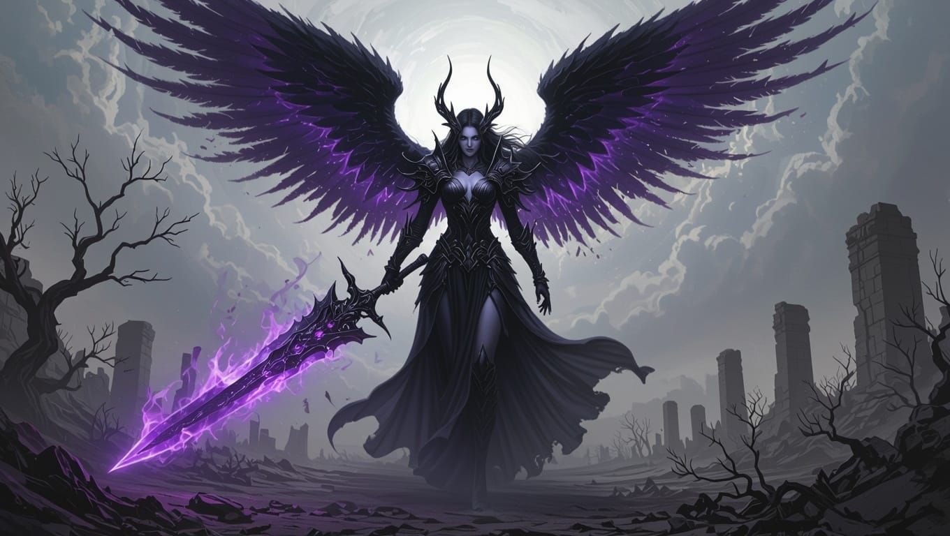 Dark Fantasy Angel Descends in a Desolate Landscape