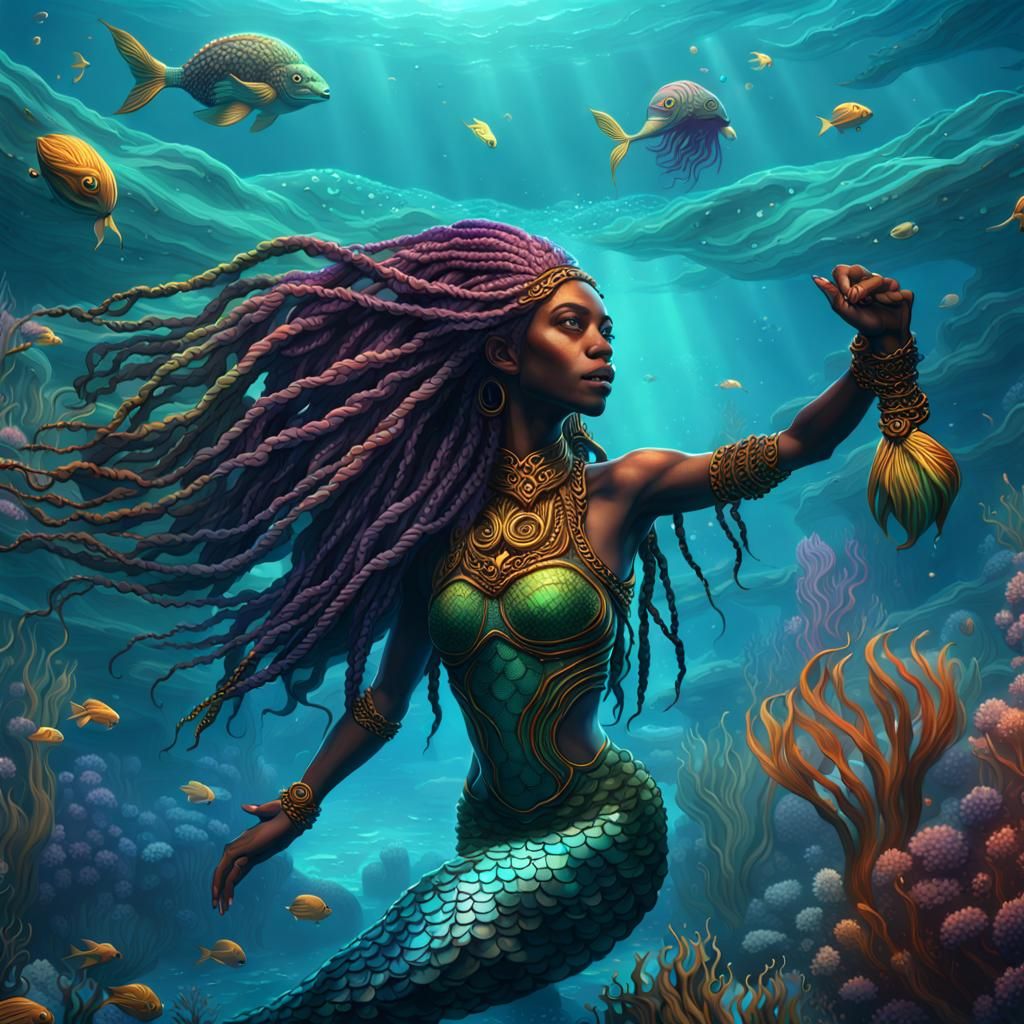 Afrofuturistic Mermaid Swimming in a Deep Sea