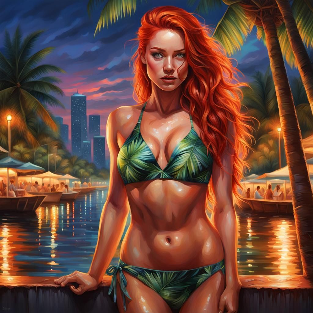 Red-Haired Girl in Bikini at Dusk