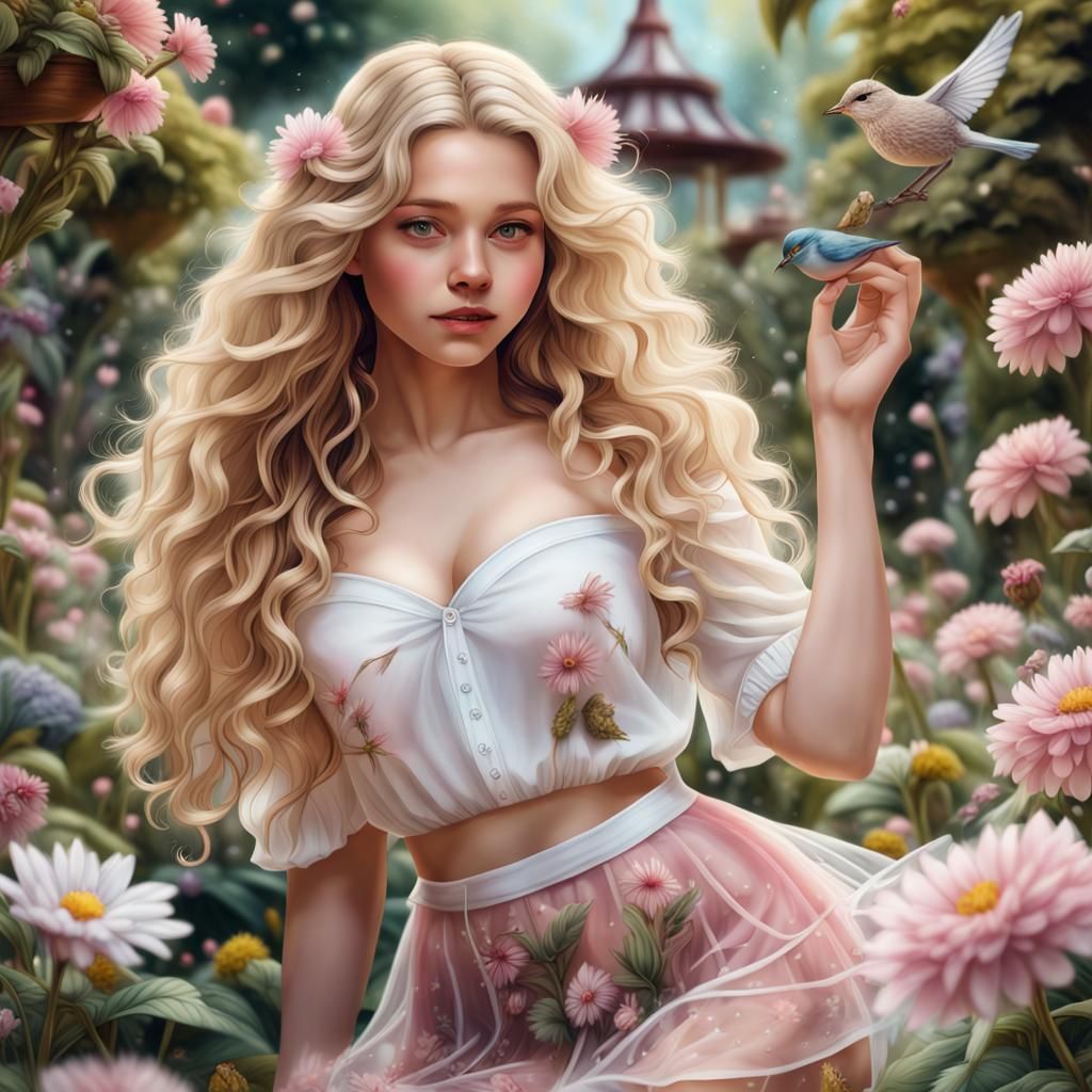 Beautiful Blonde Girl in Flower Garden, Hyperrealistic Art