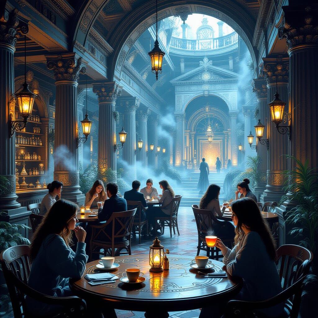 Ethereal Greek Temple Cafe with Luminous Candlelight