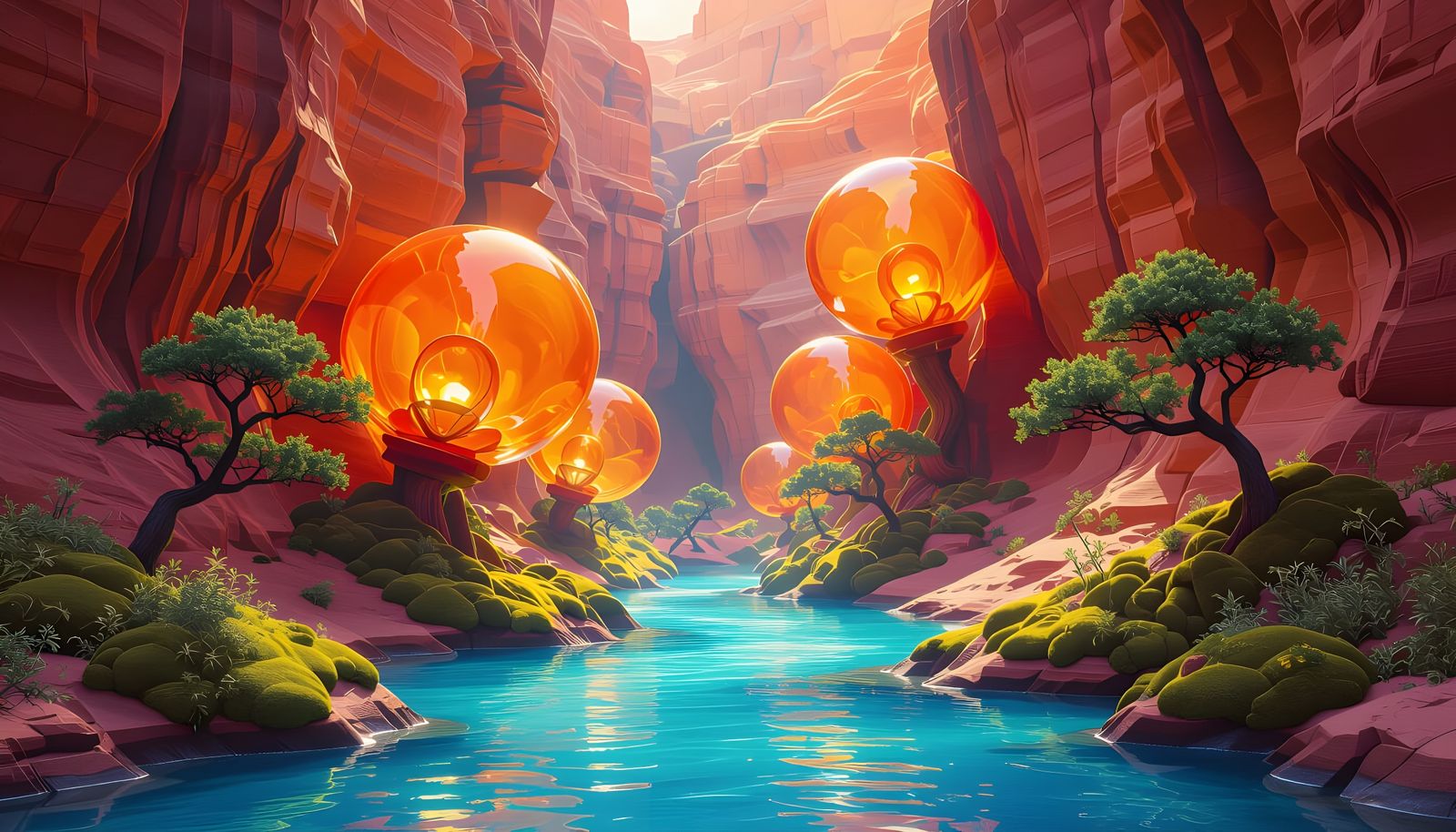 Antelope Canyon with Blue River and Bonsai Trees