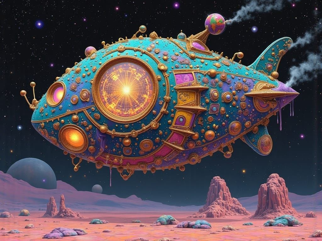 Futuristic Biomechanical Spaceship in Alien Landscape