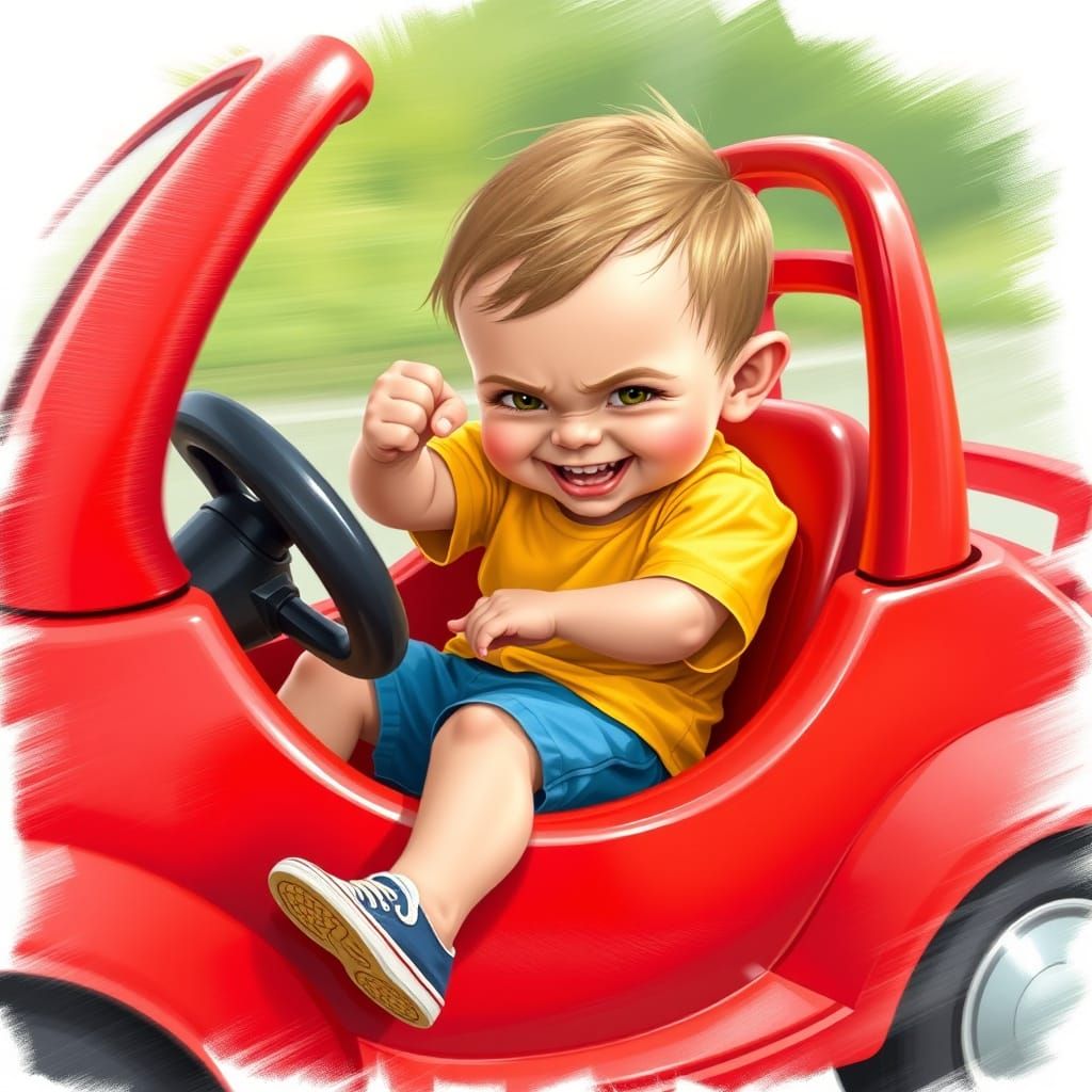 Joyful Child Speeds Away in Vibrant Red Car
