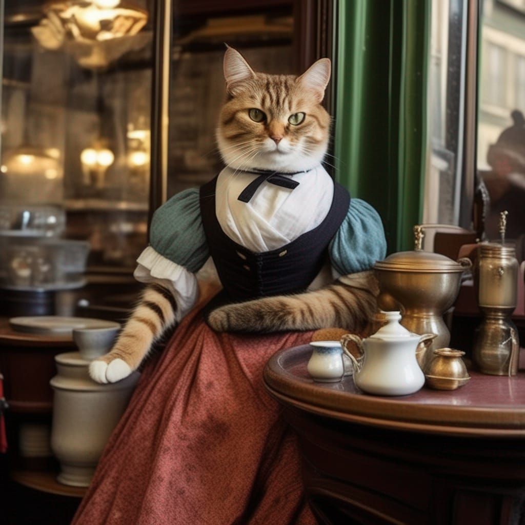 Cat Barista in 19th Century Parisian Cafe
