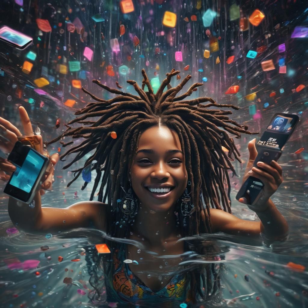 Surreal Woman Emerges from Cell Phone in Dreamlike Art