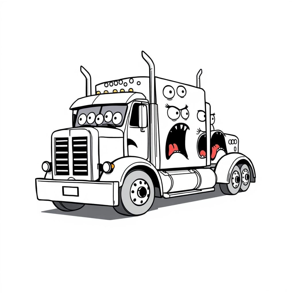 Eyes Screaming from an 18-Wheeler Truck in Cartoon