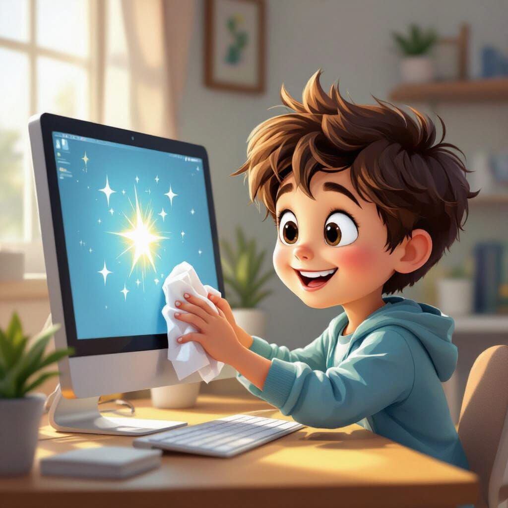Child Cleans Computer Monitor in Pixar Style