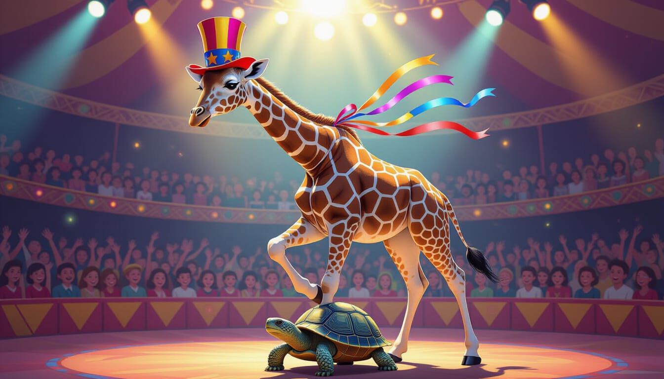 Giraffe Balances on Tortoise in Vibrant Circus Scene