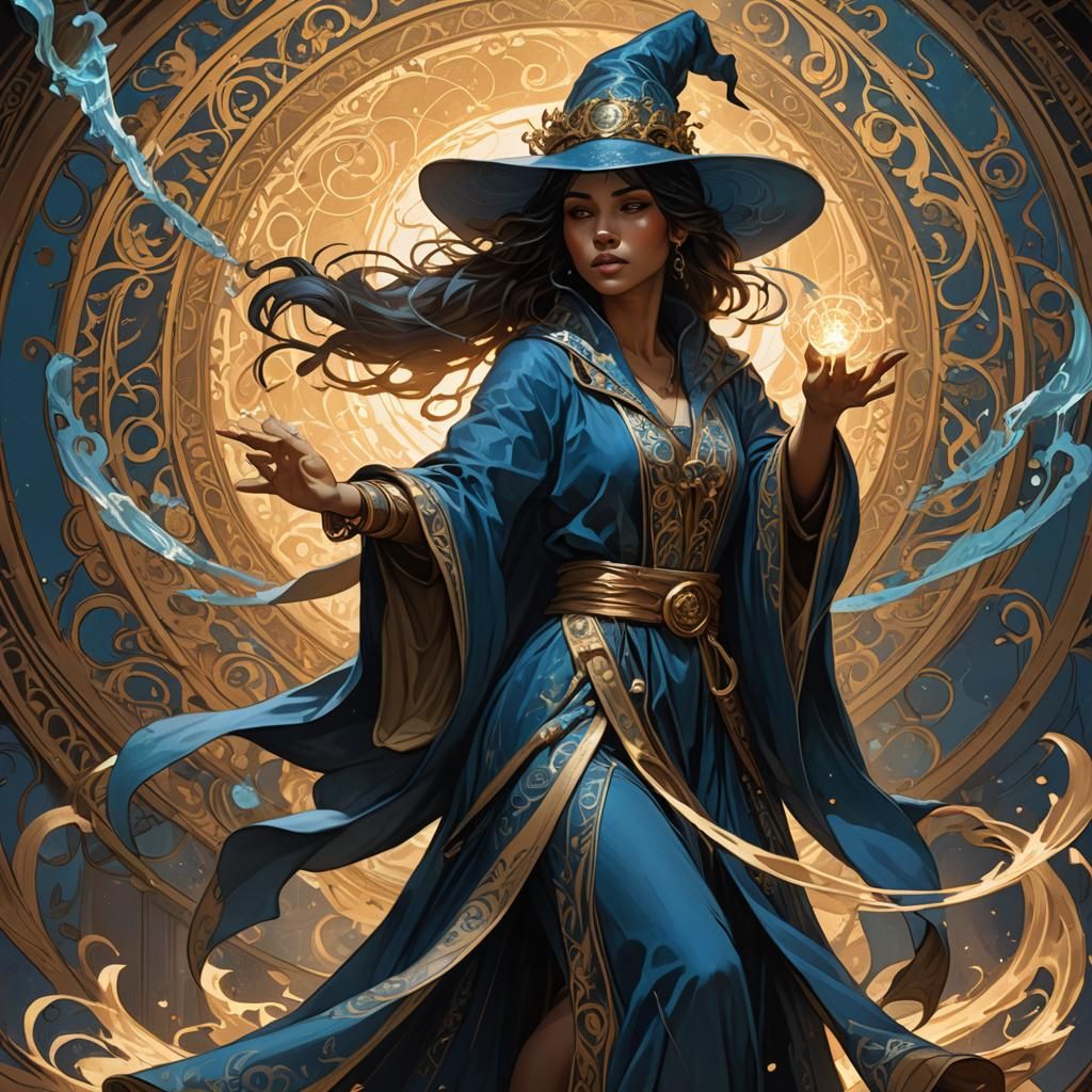 Young Sorceress Casting Spell in Art Nouveau Style