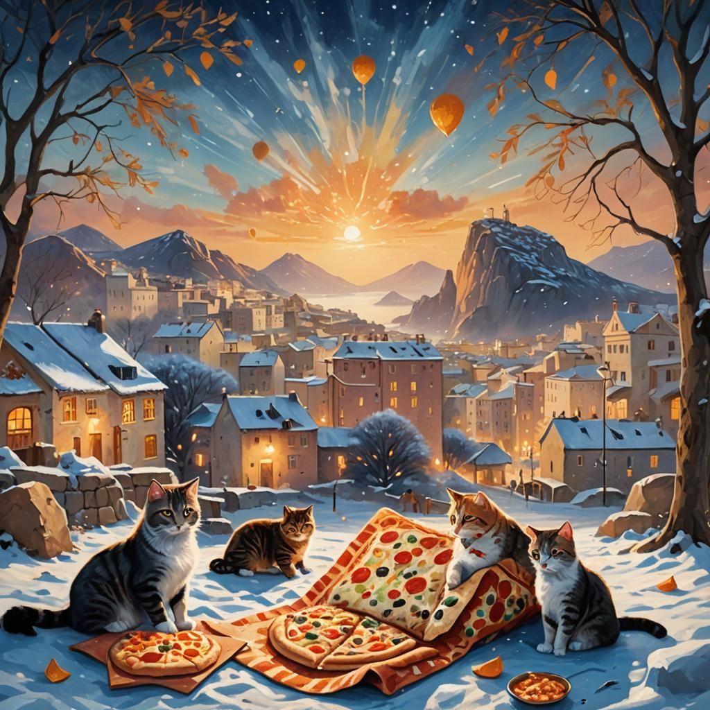 Cats Enjoying Winter Weather as Vibrant Oil Painting