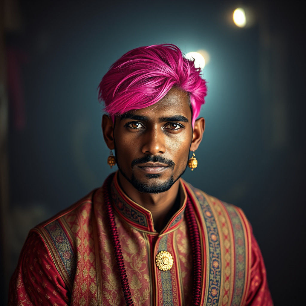 Hyperrealistic Portrait of Indian Man with Pink Hair
