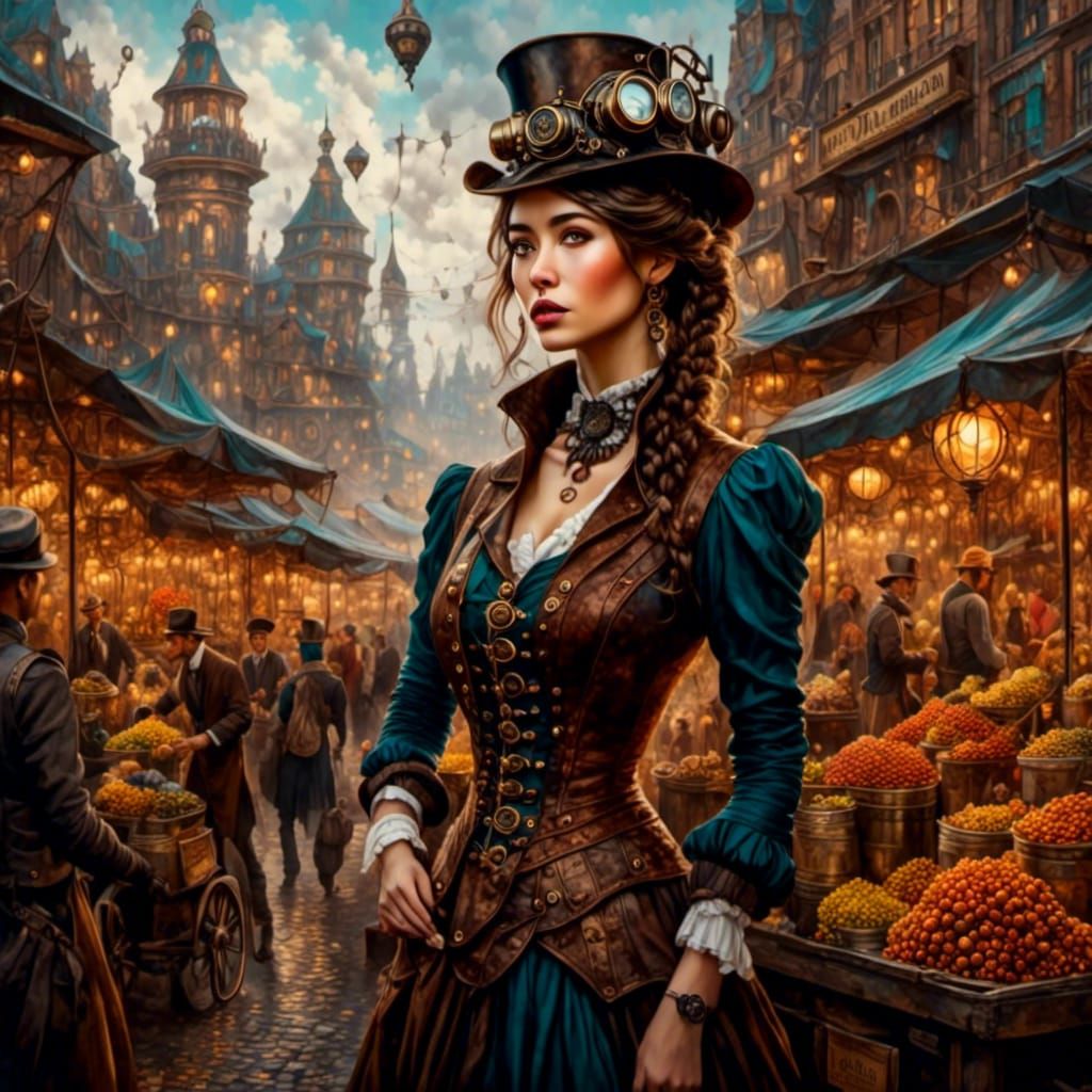 Steampunk Woman in Metropolis Marketplace as Oil Painting