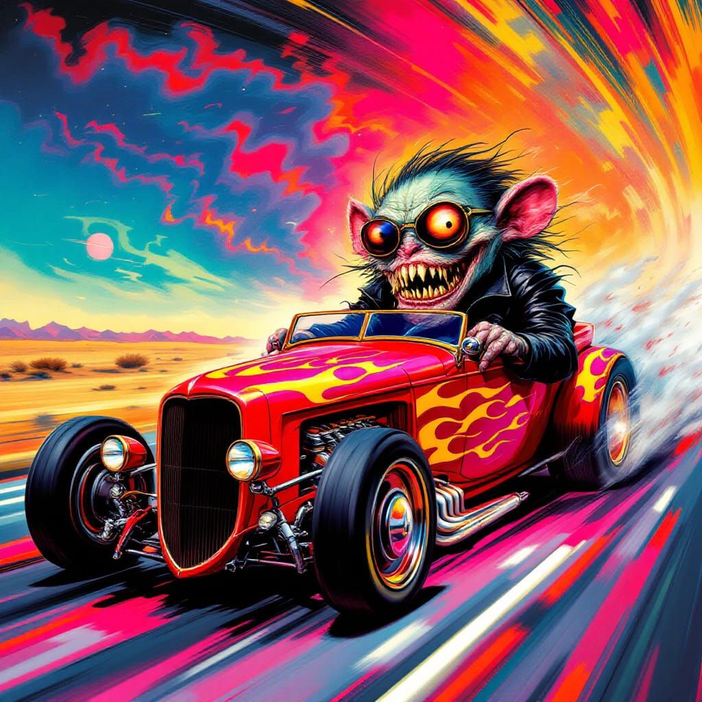 Rat Fink Monster Drives Gasser Car in Retro-Futuristic Scene