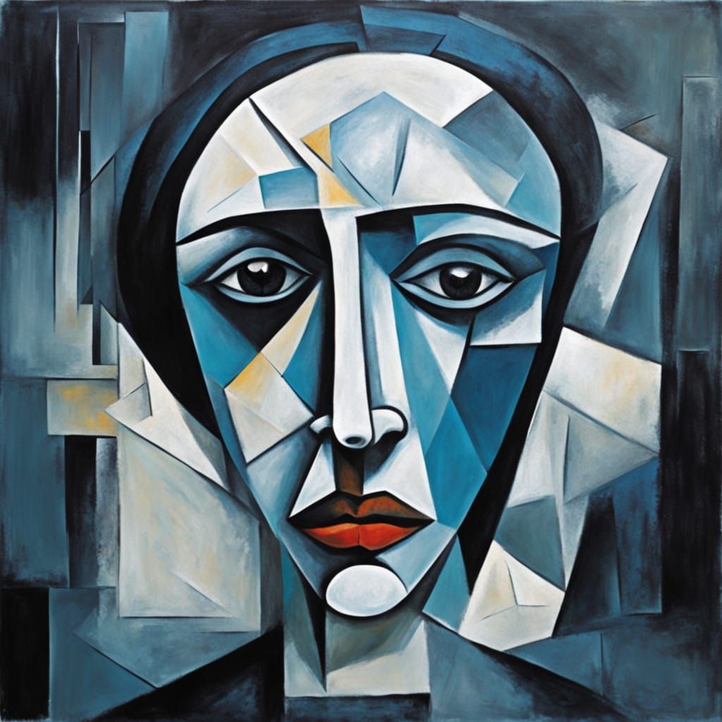 Surreal, Distorted Portrait of a Melancholic Woman in Cubist...