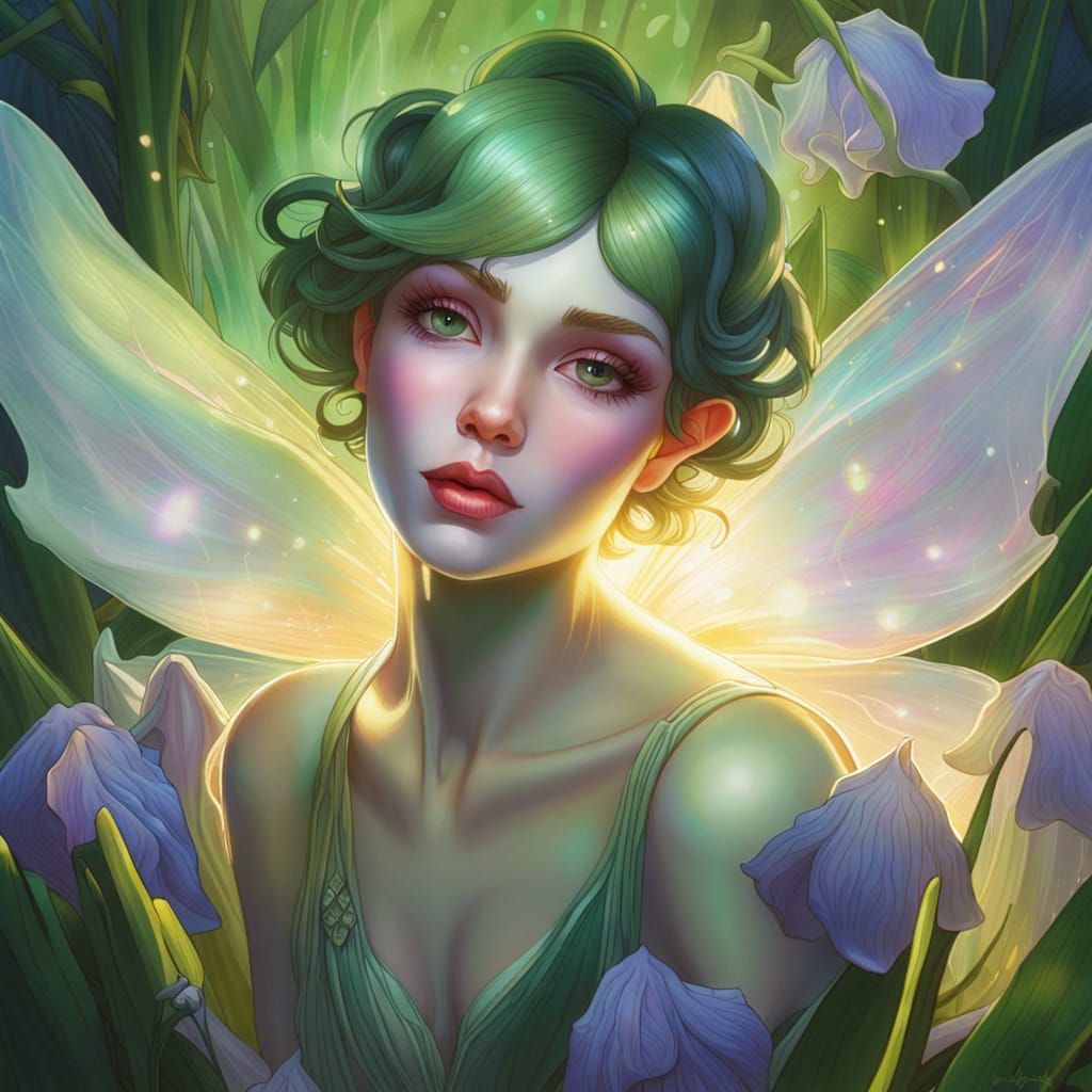 Opalescent Fairy in Dew-Kissed Iris, Hyperdetailed Art