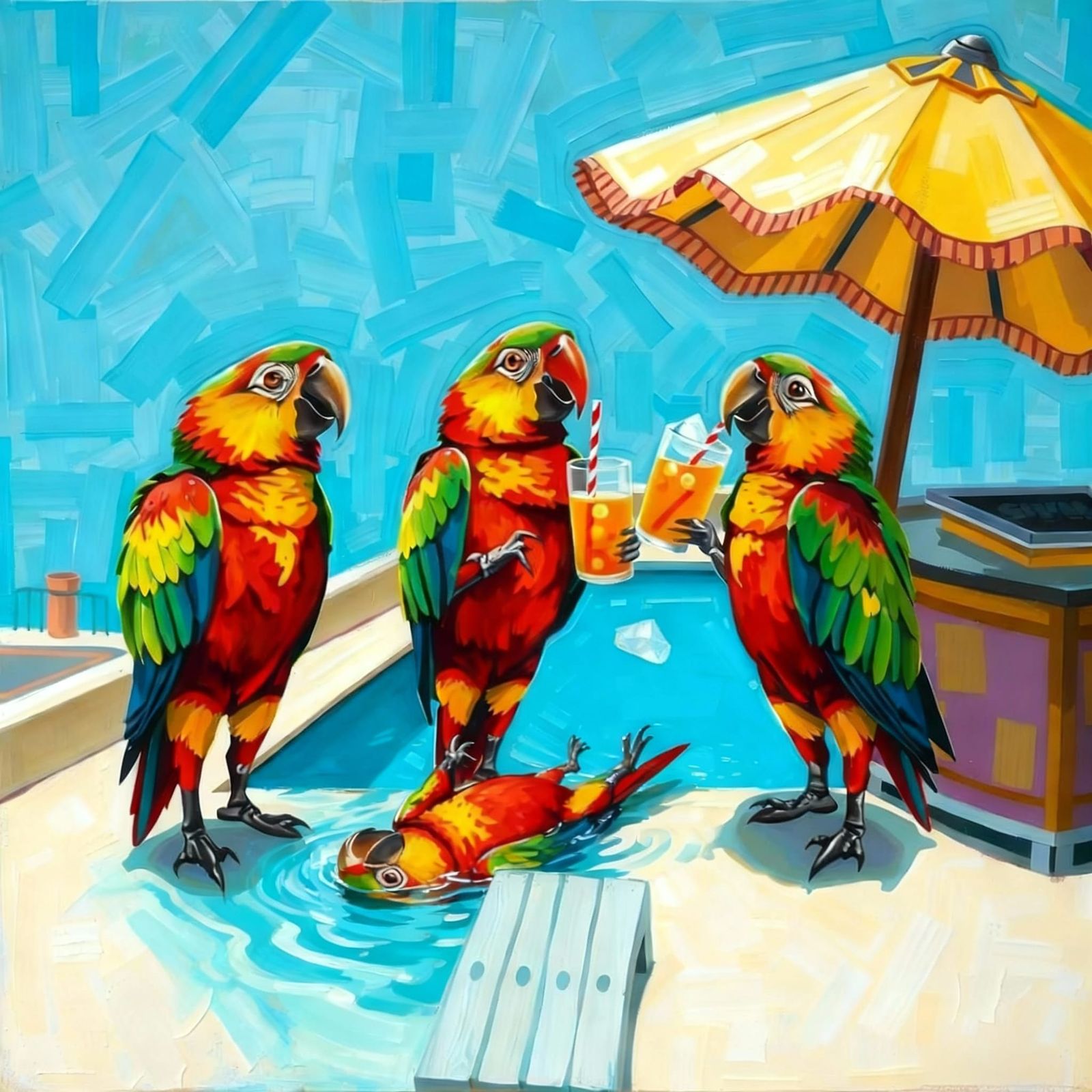 Parrots Enjoying Drinks at a Rooftop Pool in Spain, Neo-Impr...