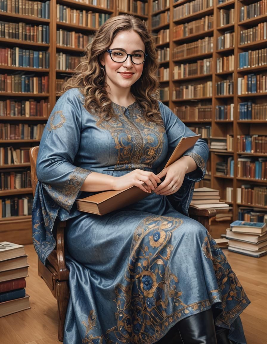 Curvy Woman Reading in Library, Klimt-Inspired Portrait
