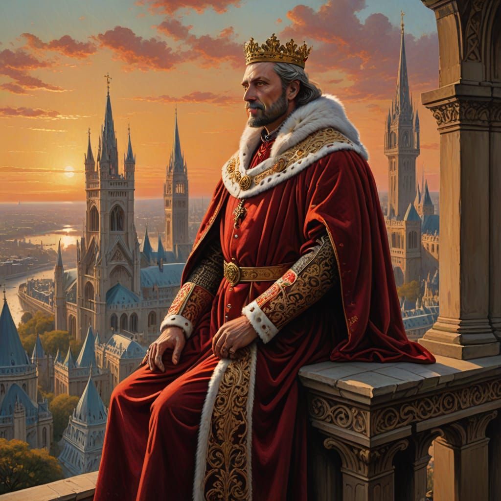 Majestic King in Crimson Robes Surveys Sprawling City
