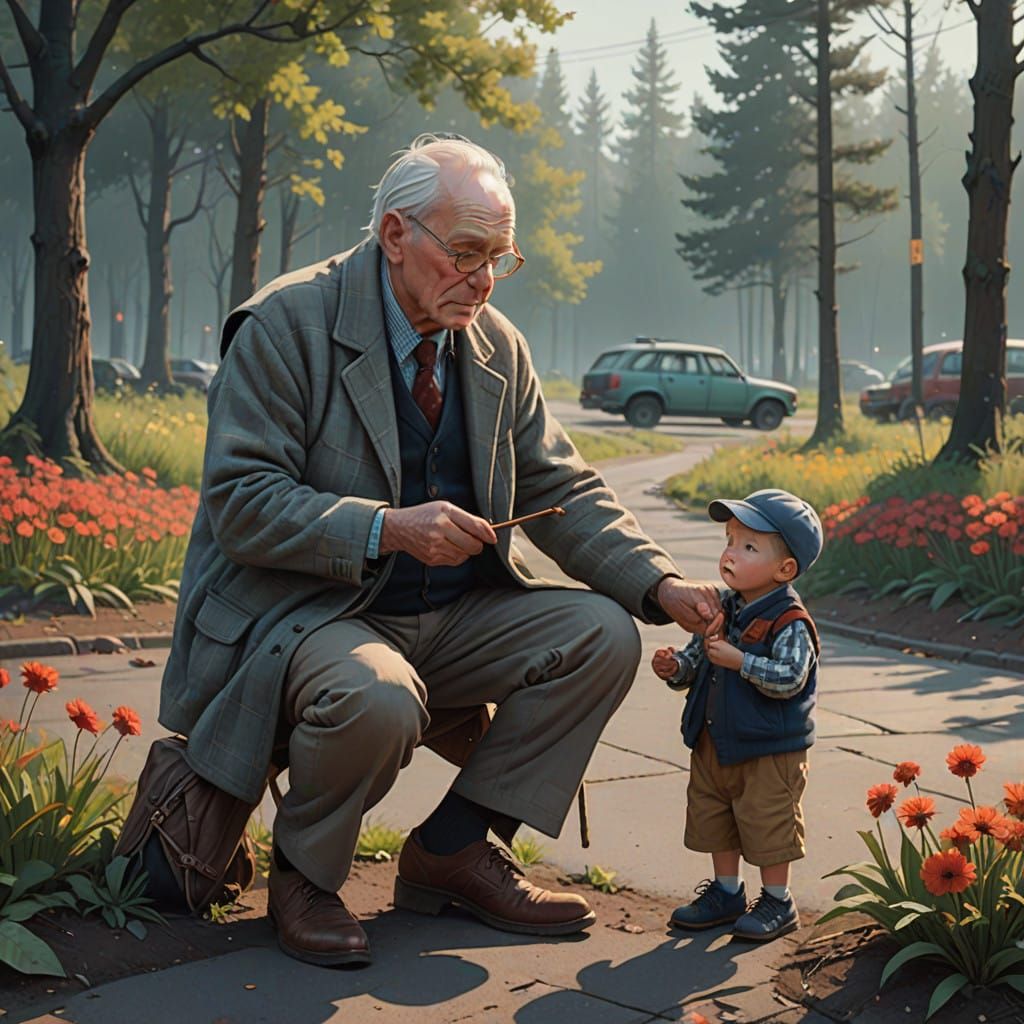 Elderly Gentleman in Checkered Cap and Walking Stick