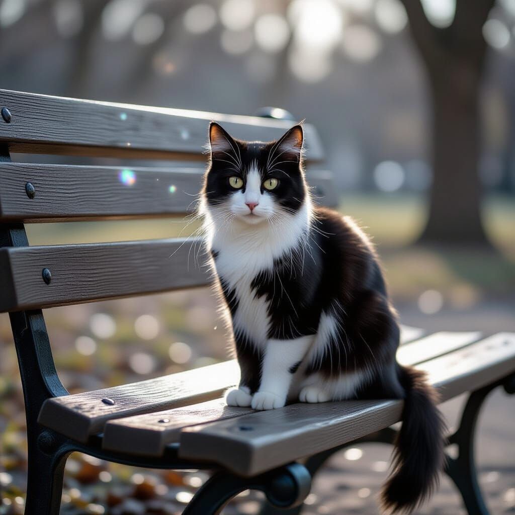 Monochromatic Cat on Park Bench with Iridescent Sparkles
