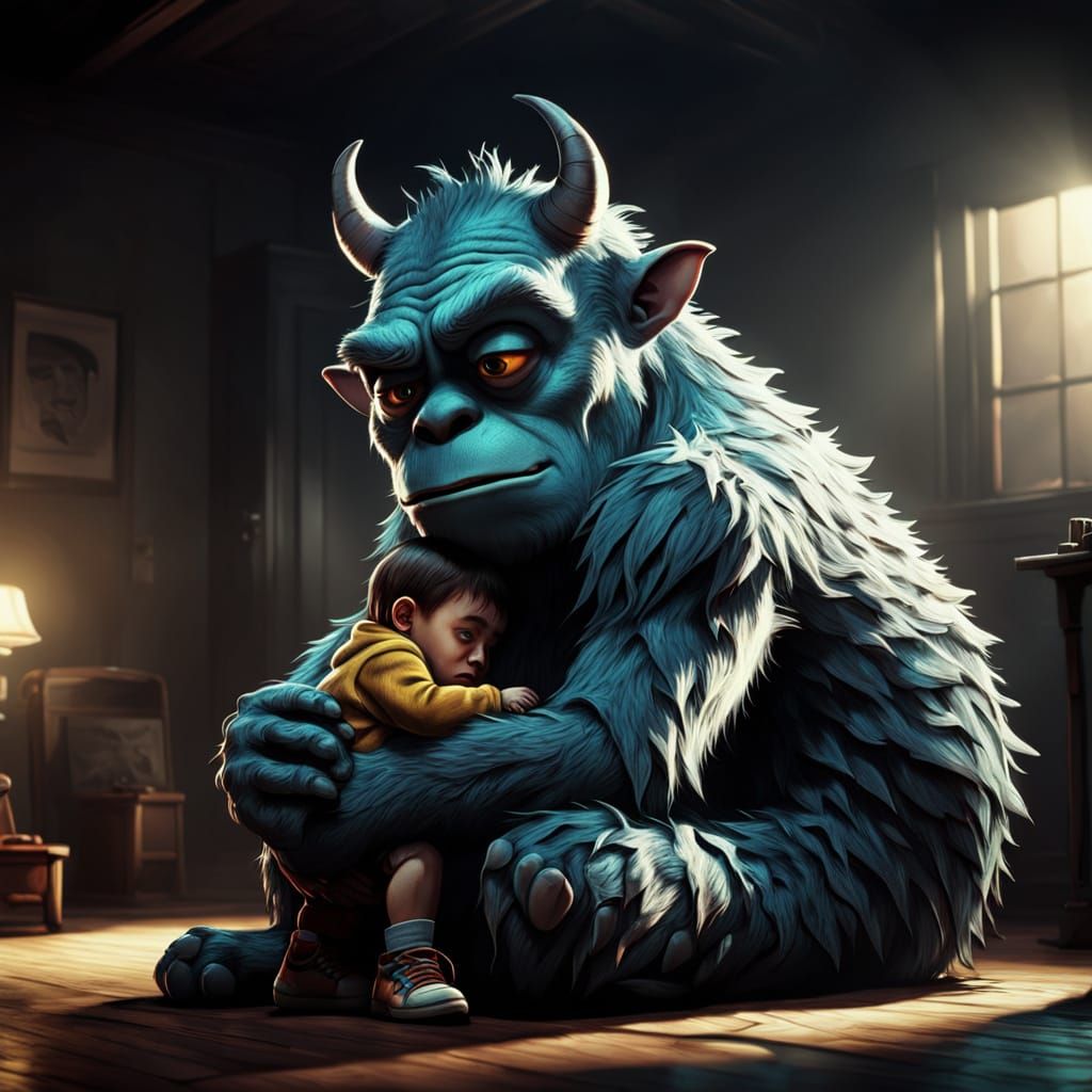 Sad Monster Comforted by Toddler in Film Noir Style