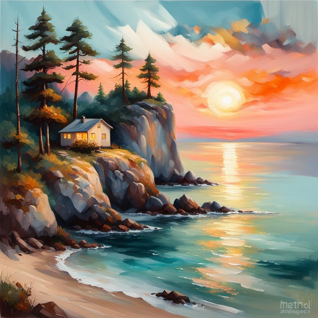 Coastal Cabin at Sunset: Impressionist Pastel Painting