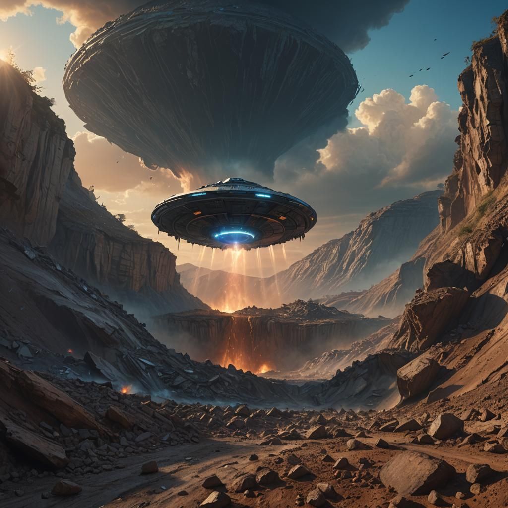 Giant UFO Hovering Over Landslide, Sci-Fi Concept Art