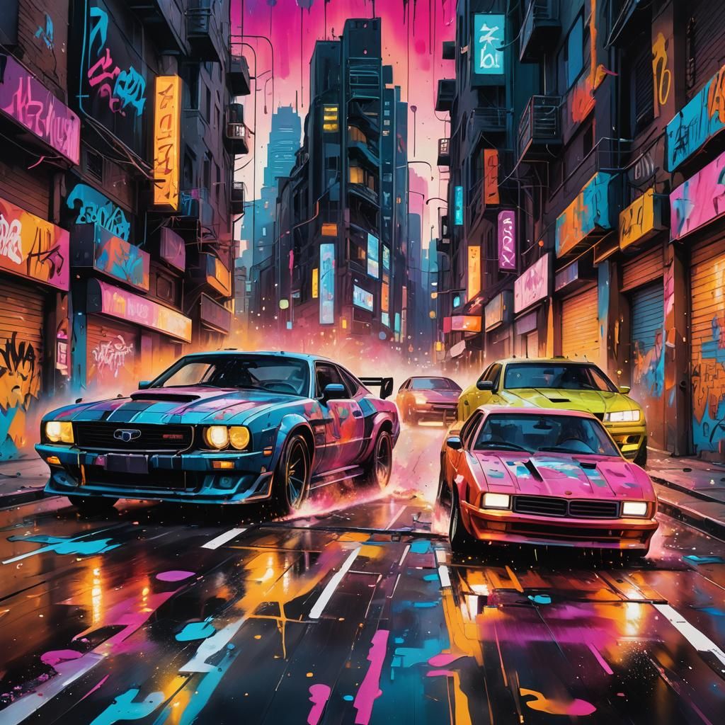 Luxury Cars Racing on Neon Streets: Digital Art